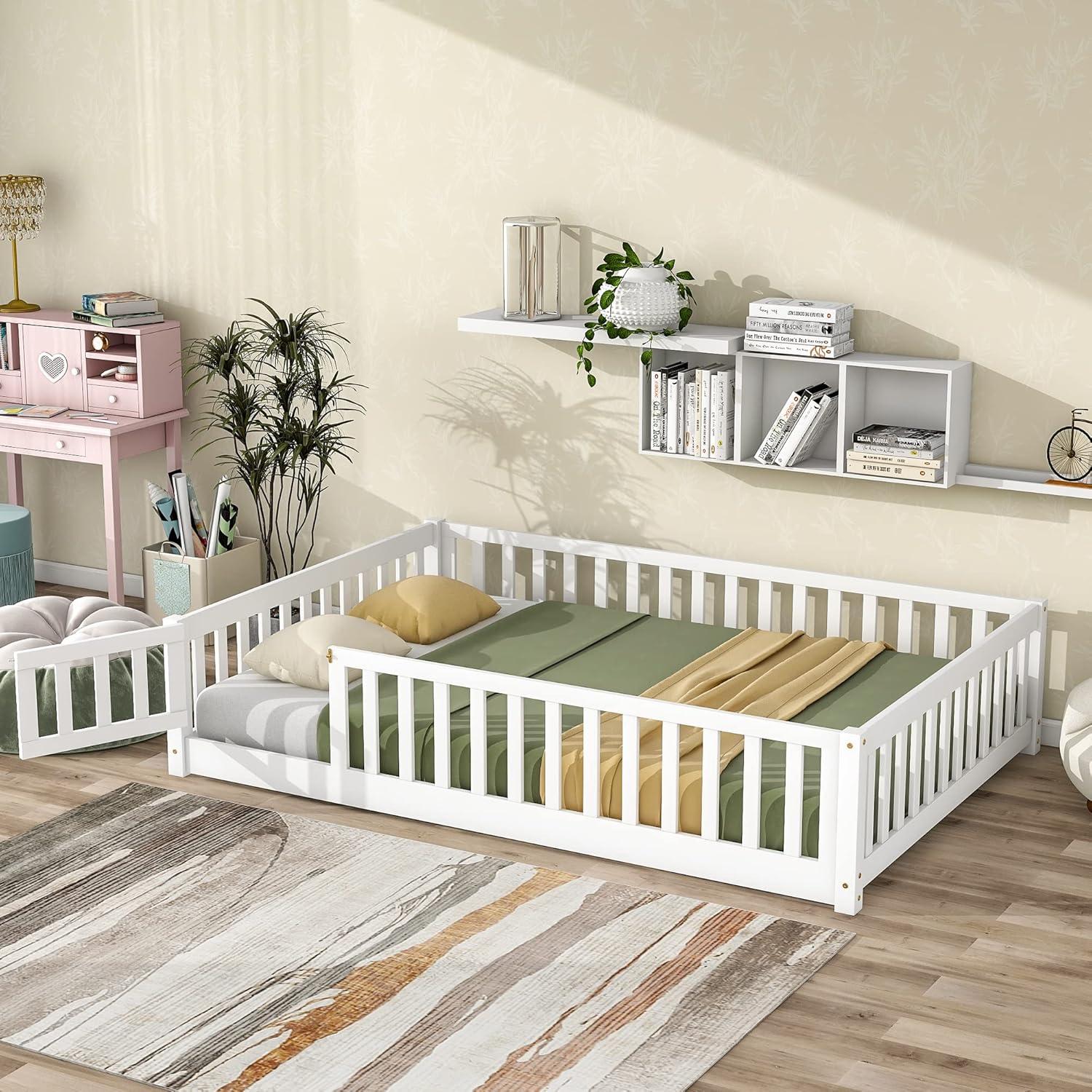 Bellemave Full Size Floor Bed Frame with Fence and Door for Kids, Montessori Floor Bed with Slats and Safety Guardrails,Solid Wood Full Bed Frame for Girls Boys,White