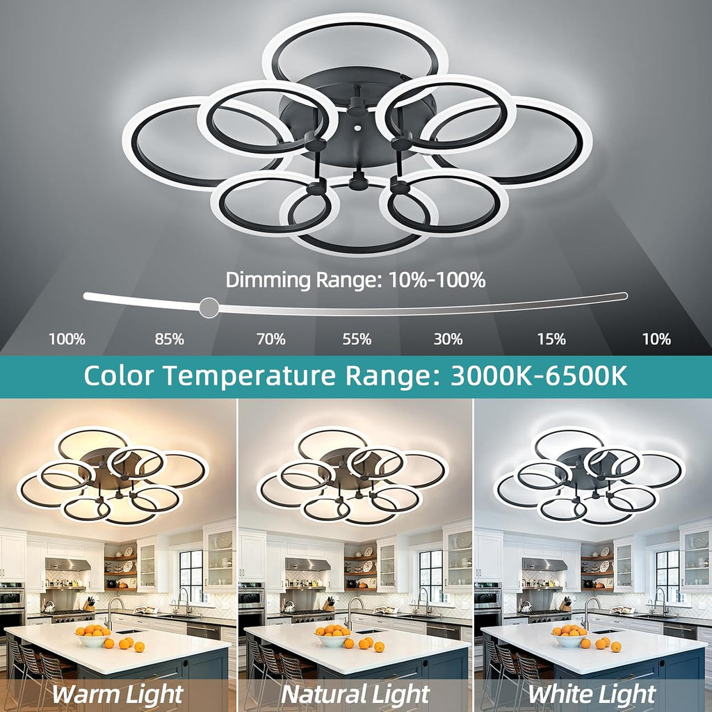 LED Ceiling Light, 8-Ring Modern Flush Mount Fixture, 145W Dimmable 3000K–6500K, Black Ceiling Light with Remote for Living Room Bedroom Kitchen (35.4')