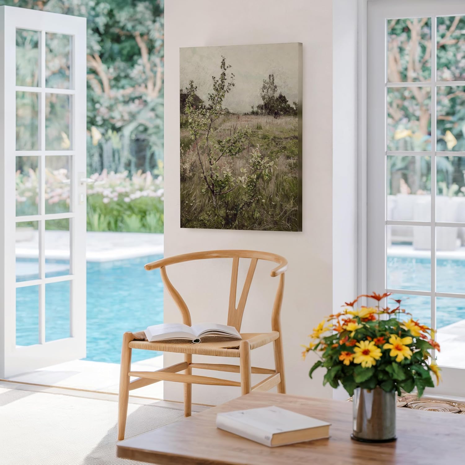Poster Master Field of Meadows Canvas - Retro Countryside Landscape Painting Print - Nature Art - Gift for Men & Women - Decor for Farmhouse, Living Room, or Bedroom - 24x32 STRETCHED Canvas