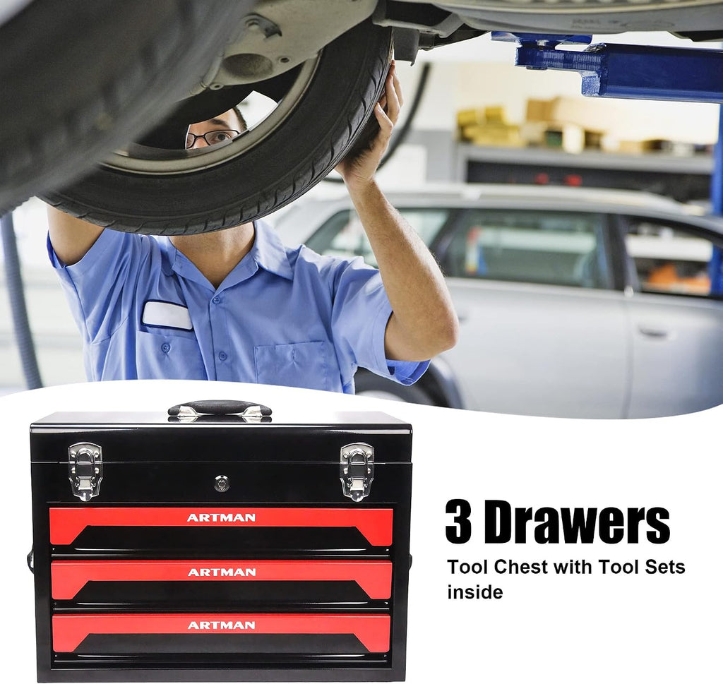 Tool Set and Mechanic Tool Set Box with Handle and 3-Drawer Heavy Duty Metal Box - 339 Piece Tool Kits for Adults Mechanics Workshop Maintenance and Repair Projects - Red