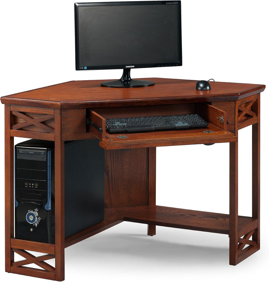 Leick Home 82431 Corner Computer Writing Desk with Drop Front Keyboard Drawer, Oak