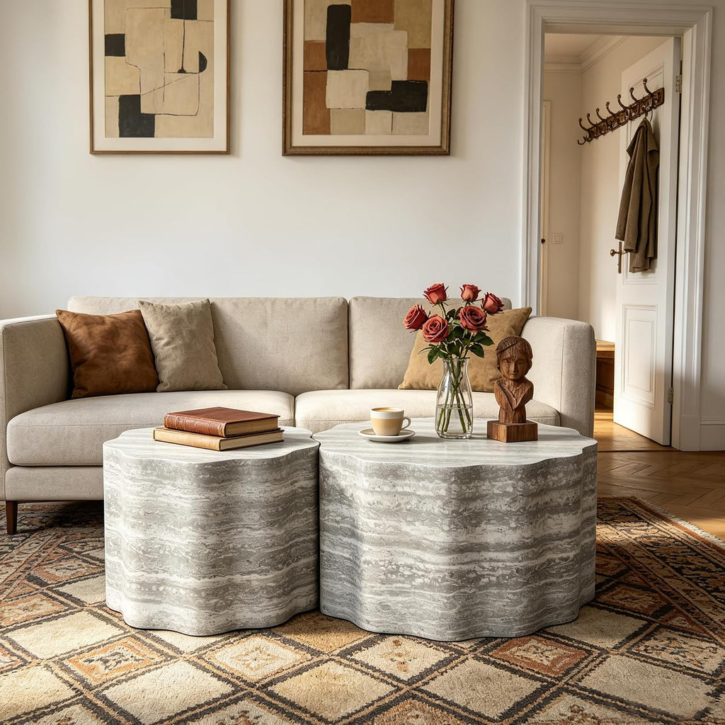 Nesting Coffee Table Set of 2, Modern Wood Center Table for Living Room, Faux Mars Pattern Side Table Accent End Table for Apartment Office, No Need Assembly (26.7'& 23.6',Beige & Grey)