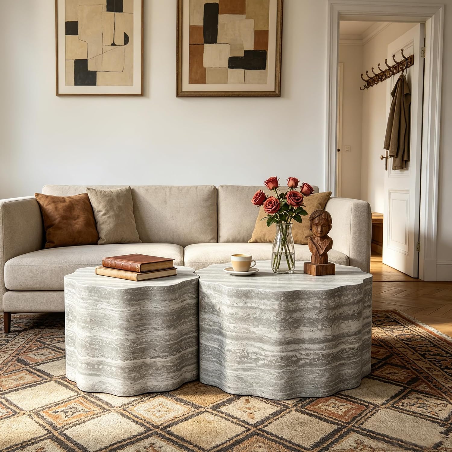 Nesting Coffee Table Set of 2, Modern Wood Center Table for Living Room, Faux Mars Pattern Side Table Accent End Table for Apartment Office, No Need Assembly (26.7'& 23.6',Beige & Grey)
