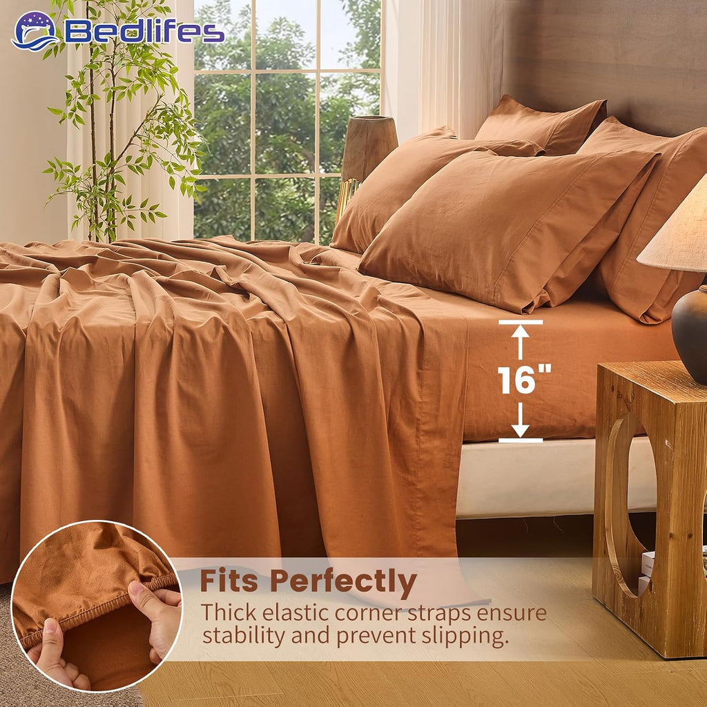 Bedlifes 100% French Pure Linen Sheets California King Size Breathable and Cooling Flax Sheet Set Soft Durable and Moisture Wicking 16 Inch Deep Pocket-4 Piece(Cal King,Brown)