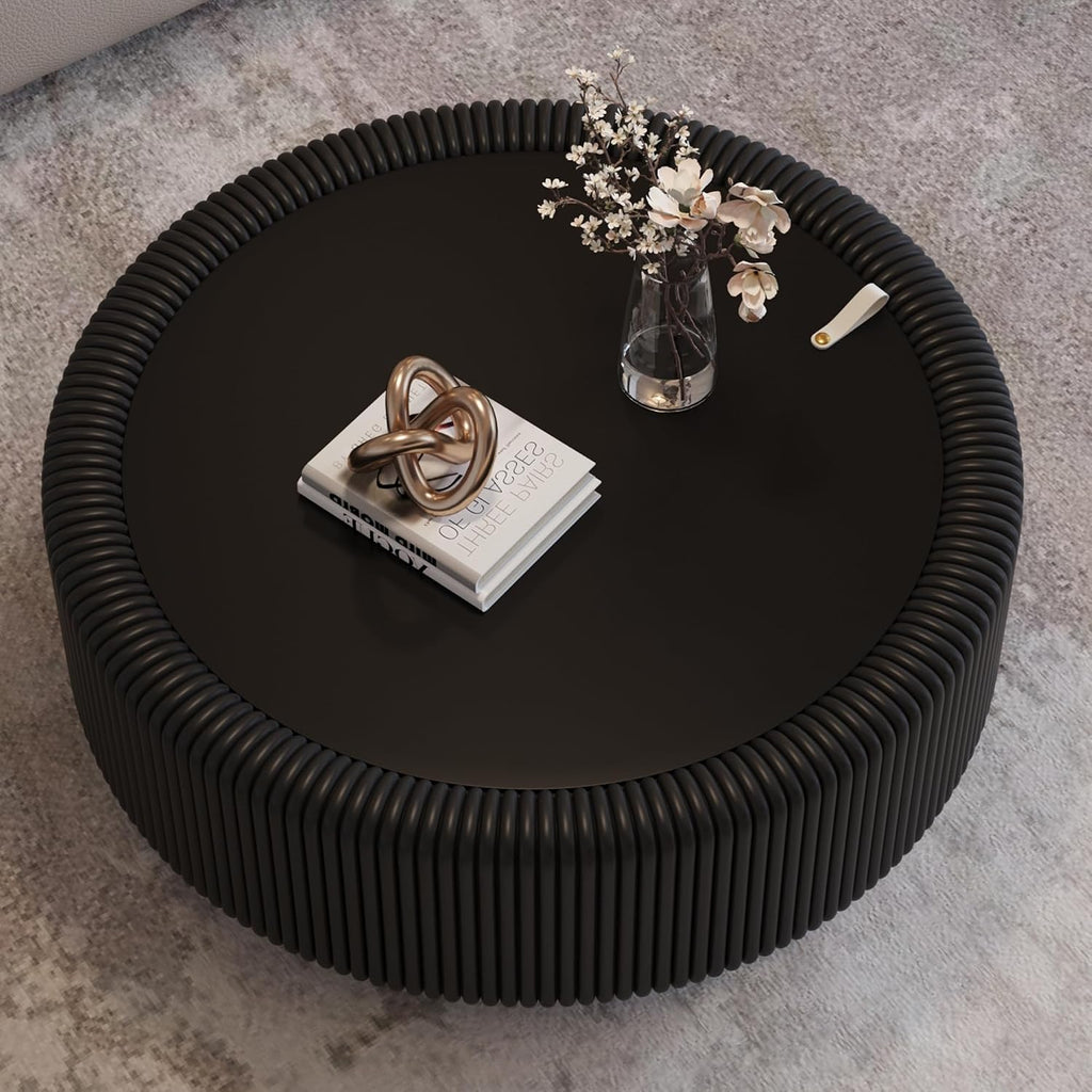 31.5' Black Round Fluted Coffee Table with Hidden Storage, Drum Coffee Table with Tempered Glass Top, PU Leather Body, Baked Enamel Metal Base, Modern Minimalist Circle Tea Table