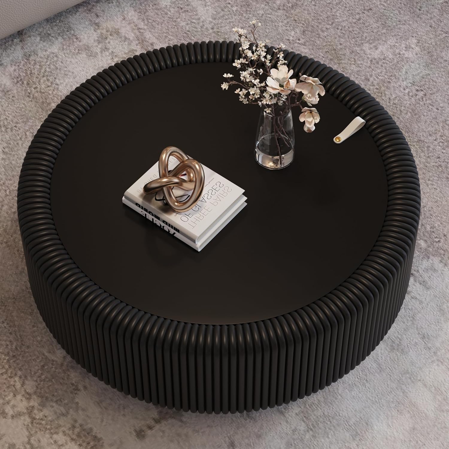 31.5' Black Round Fluted Coffee Table with Hidden Storage, Drum Coffee Table with Tempered Glass Top, PU Leather Body, Baked Enamel Metal Base, Modern Minimalist Circle Tea Table