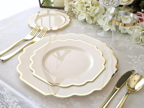 ' OCCASIONS ' 120 Plates Pack, Heavyweight Disposable Wedding Party Plastic Plates (10.5'' Dinner Plate,Imperial in Ivory & Gold)