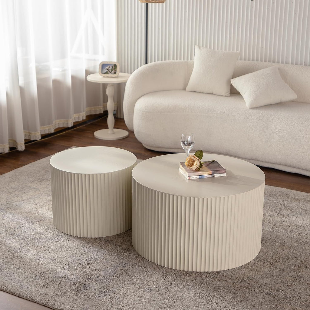 Nesting Coffee Table Set of 2, Round Wood Coffee Table and End Table Sets, Modern Double Luxury Modular Accent Center Tea Table for Living Room Bedroom, （Beige + Cream, 18.9' & 14.96'