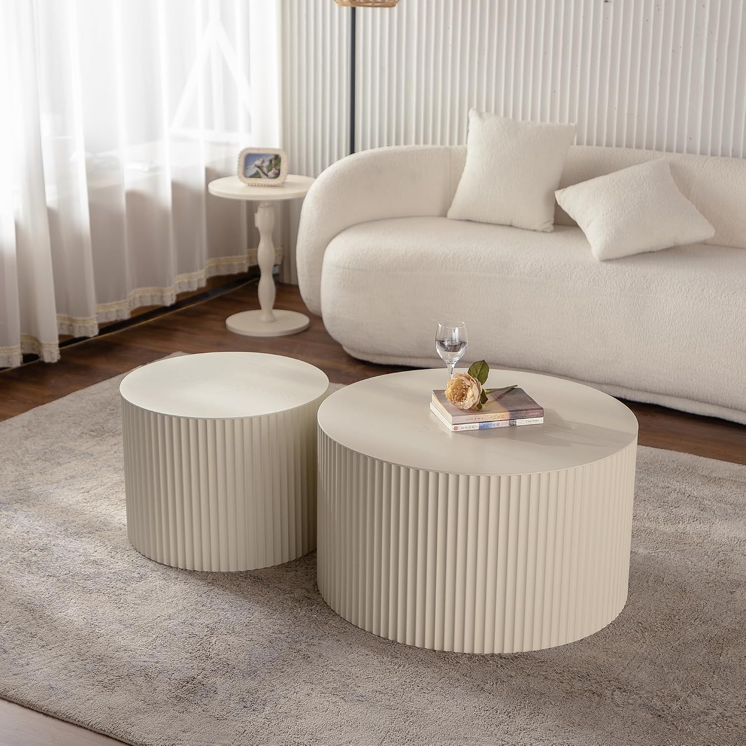 Nesting Coffee Table Set of 2, Round Wood Coffee Table and End Table Sets, Modern Double Circle Modular Accent Center Tea Table for Living Room Bedroom, （Beige + Cream, 27.56' & 19.69'