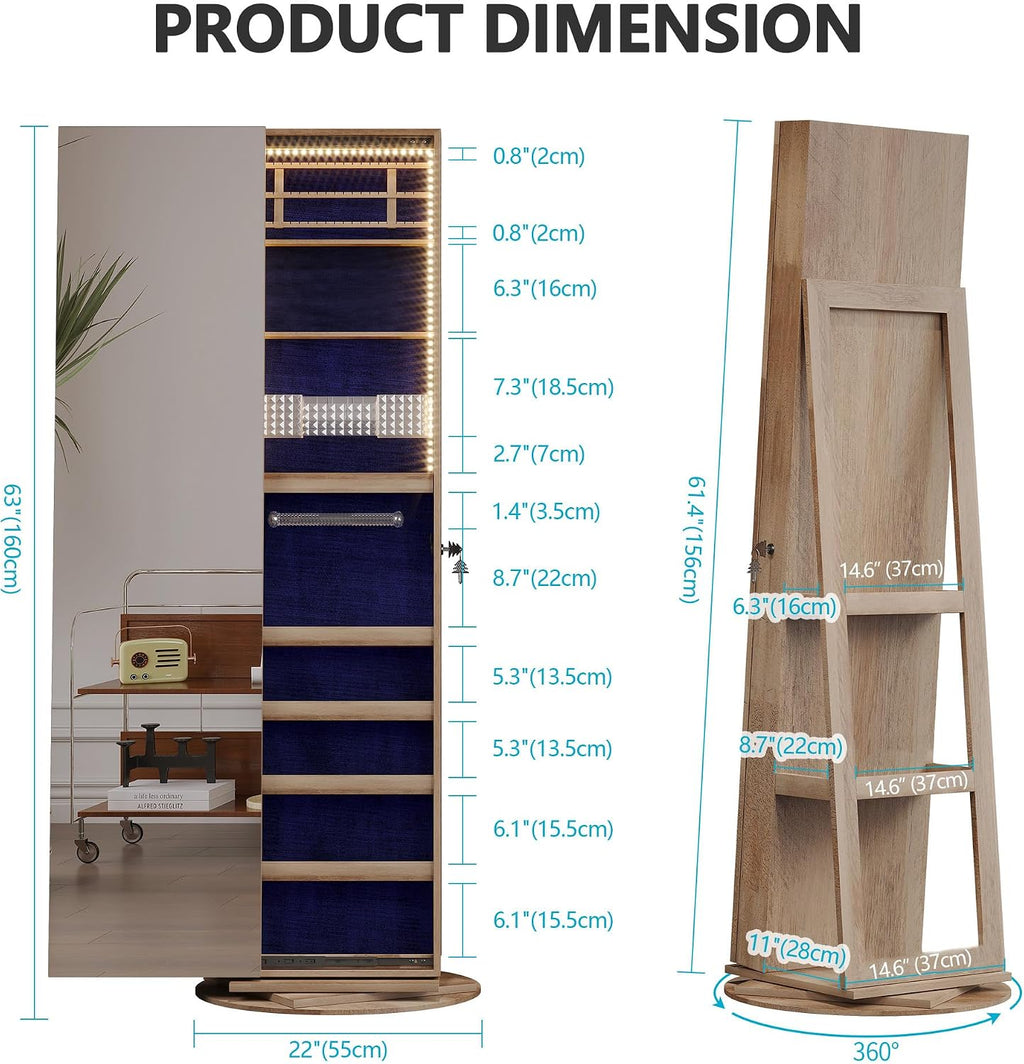 LVSOMT 360° Rotating Full Length Mirror Jewelry Cabinet with Sliding Door, LED Lighted Lockable Jewelry Armoire Organizer, Standing Up Mirror with Storage for Bedroom Dressing Room, Light Wood