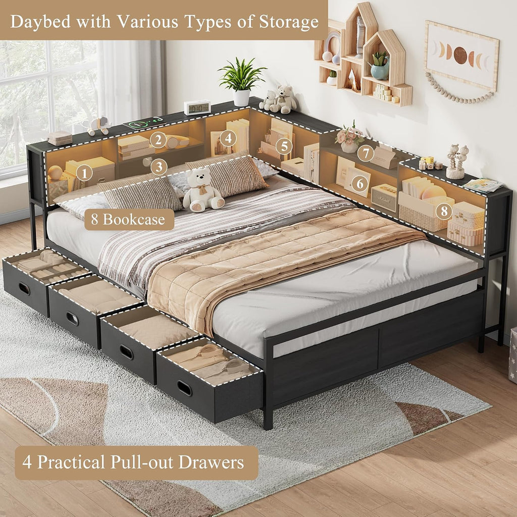 Full Size Corner Bed Frame with LED Lights, Charging Station & 8-Bookcase Headboard, Metal Platform Corner Bed with 4 Storage Drawers, Full Daybed for Kids Teens Guests, Black