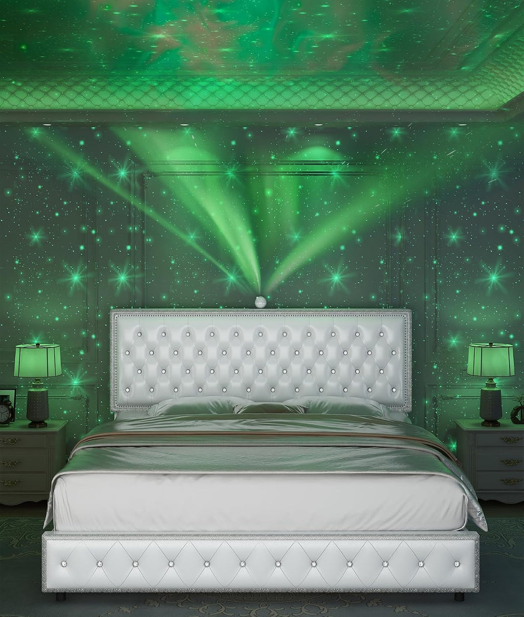 King Upholstered Platform Bed Frame with LED Headboard, Built-in Star Projector & Adjustable Headboard, No Box Spring Needed, Easy Assembly, Solid Wood Slats,Modern Bedroom Furniture, PU White