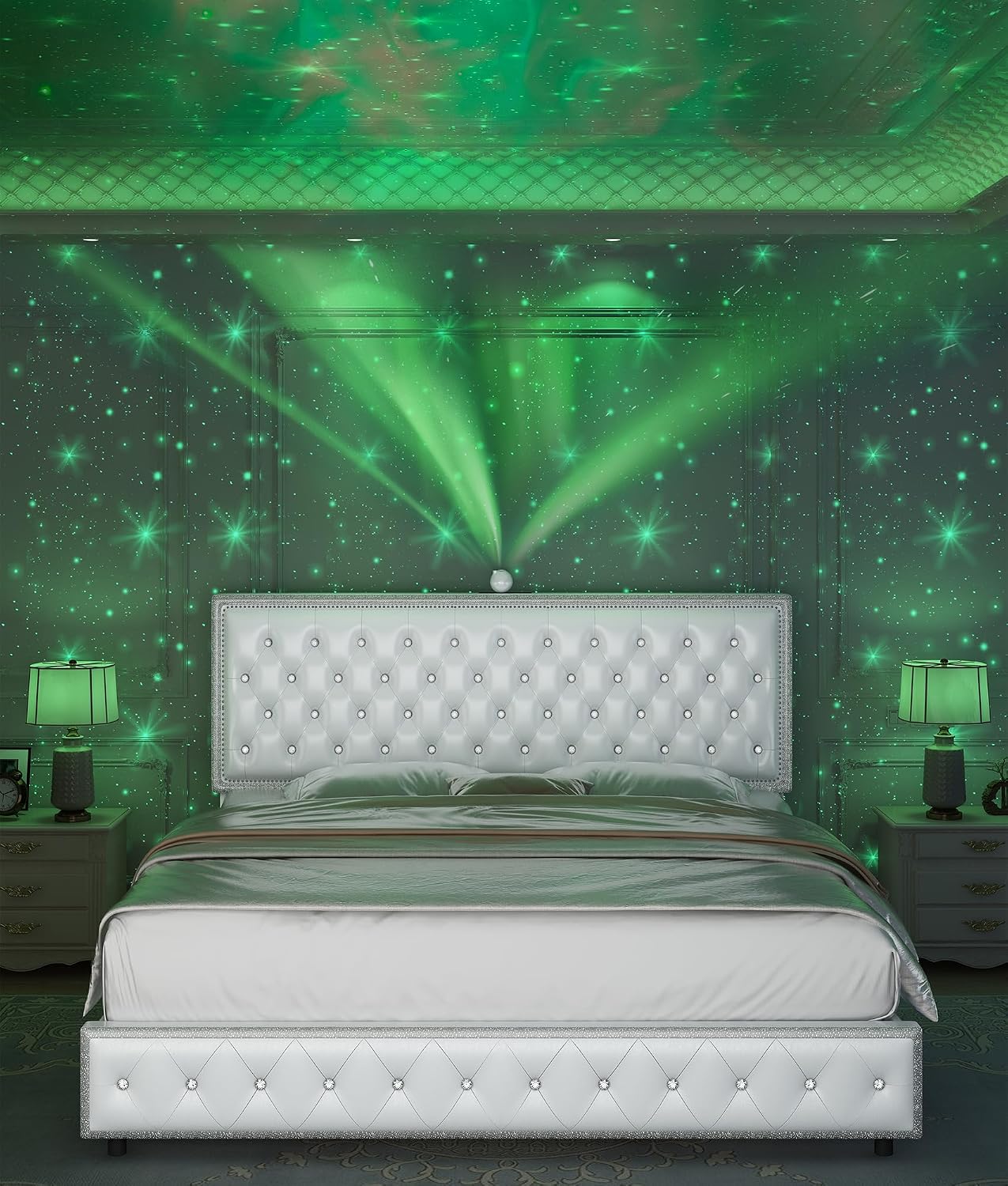 King Upholstered Platform Bed Frame with LED Headboard, Built-in Star Projector & Adjustable Headboard, No Box Spring Needed, Easy Assembly, Solid Wood Slats,Modern Bedroom Furniture, PU White