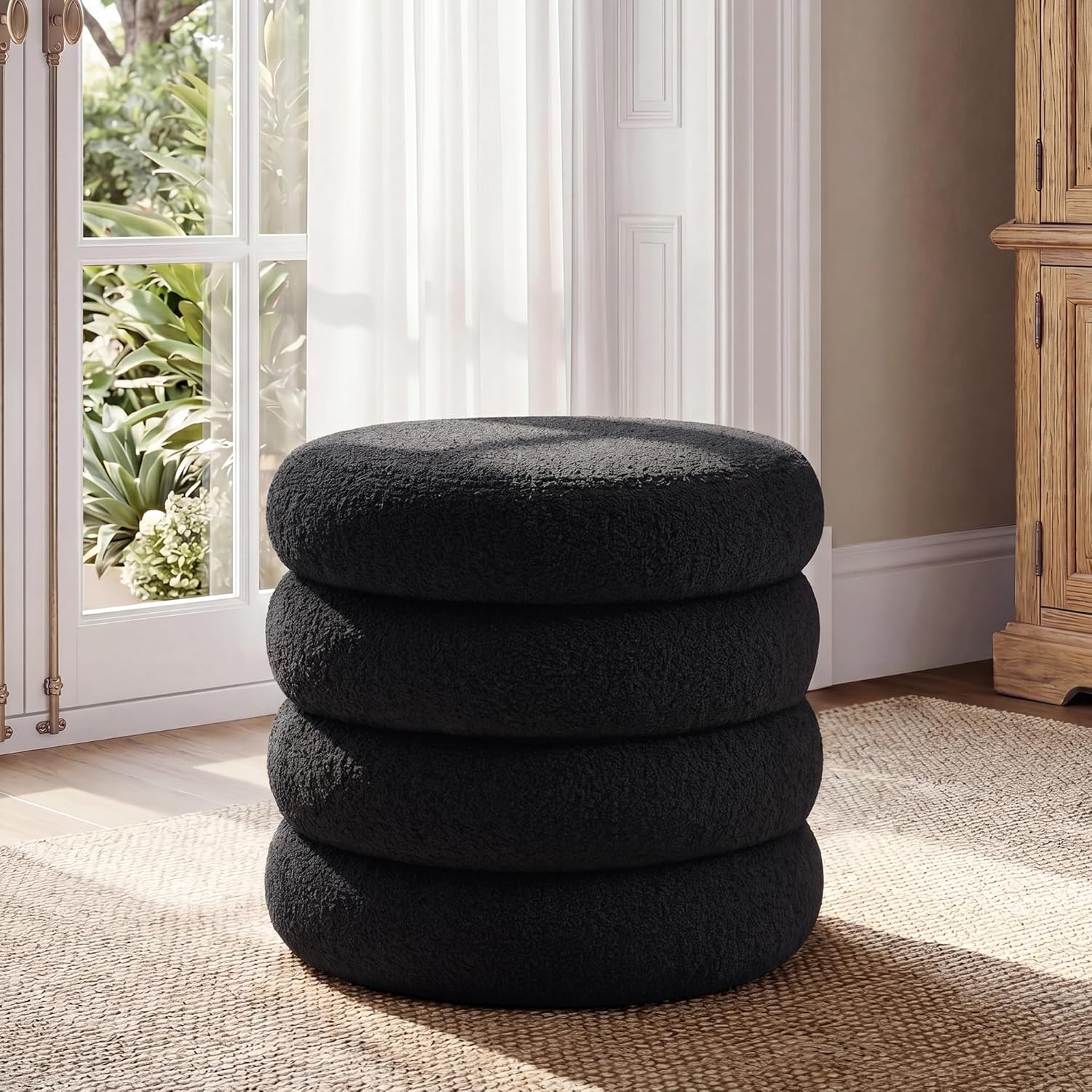 19.5 Inch Round Storage Ottoman, Modern Sherpa Ottoman Coffee Table with Removable Top, Black Vanity Stool with Storage for Bedroom, Living Room, Dorm, Set of 1