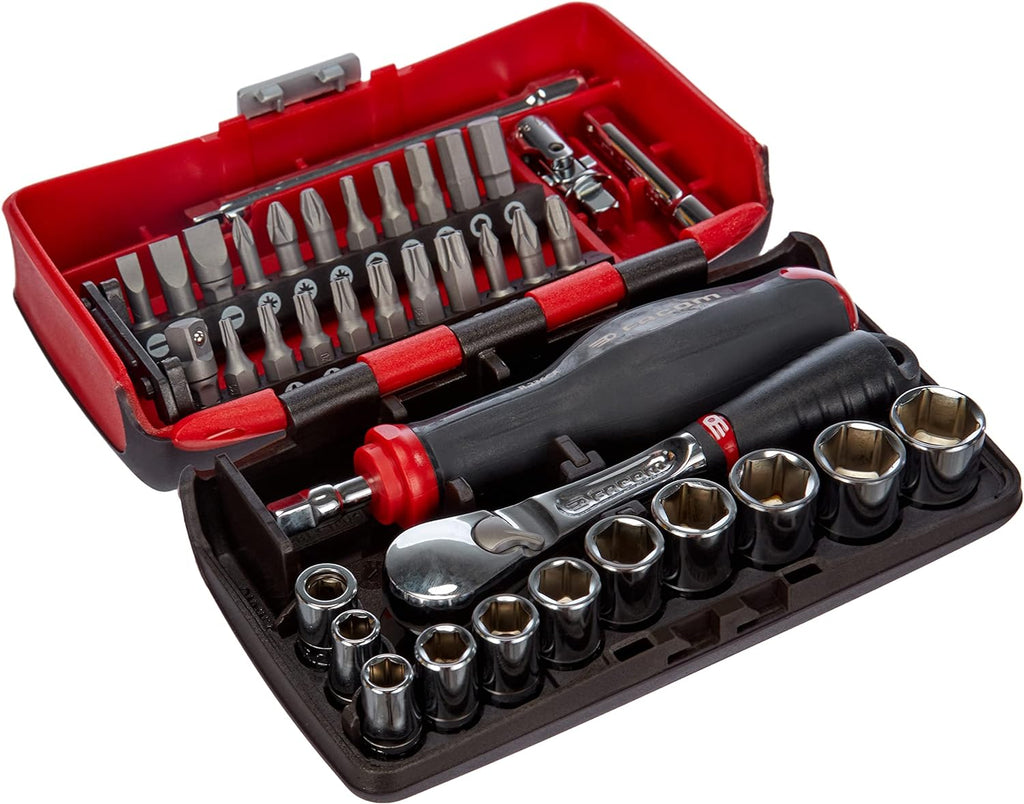 FACOM - 1/4 Inch Square Socket Set (38 Tools & Parts) - RL.NANO1PB - Ratchet Wrenches, Screwdrivers and Bits - Complete Clamping and Screwing Set - Hand Tools