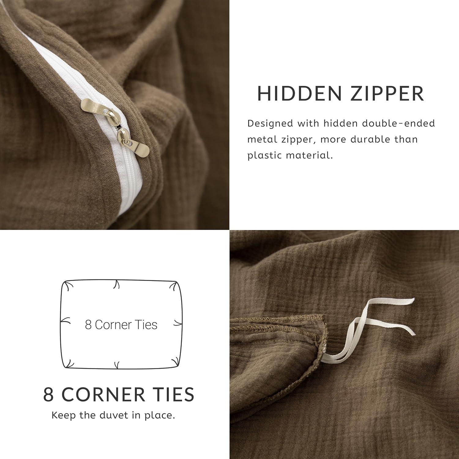 Muslin Duvet Cover 100% Washed Cotton, Oversized King Size Duvet Cover Set Linen Like, Minimalist Soft Comforter Cover, Lightweight Gauze Duvet Cover with 2 Pillowcases, 98'x120', Dark Brown