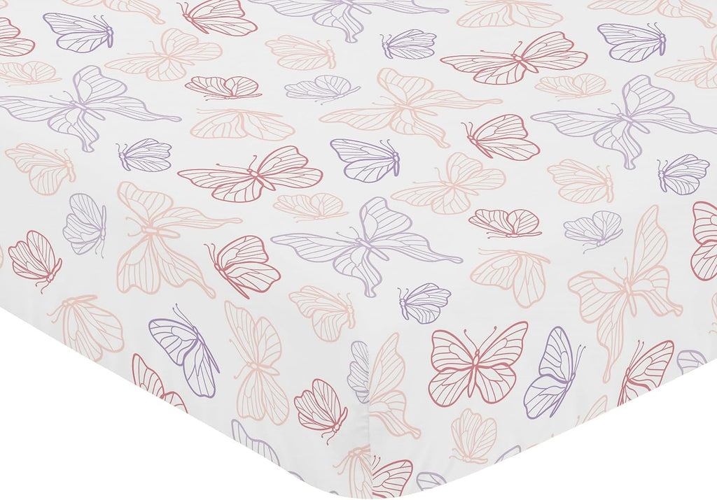 Sweet Jojo Designs Shabby Chic Butterfly Girl Baby Crib Bedding Set Infant Nursery Room Blanket Fitted Sheet Skirt Diaper Stacker 4p Blush Pink Lavender Purple White Pastel Lilac Watercolor Pattern