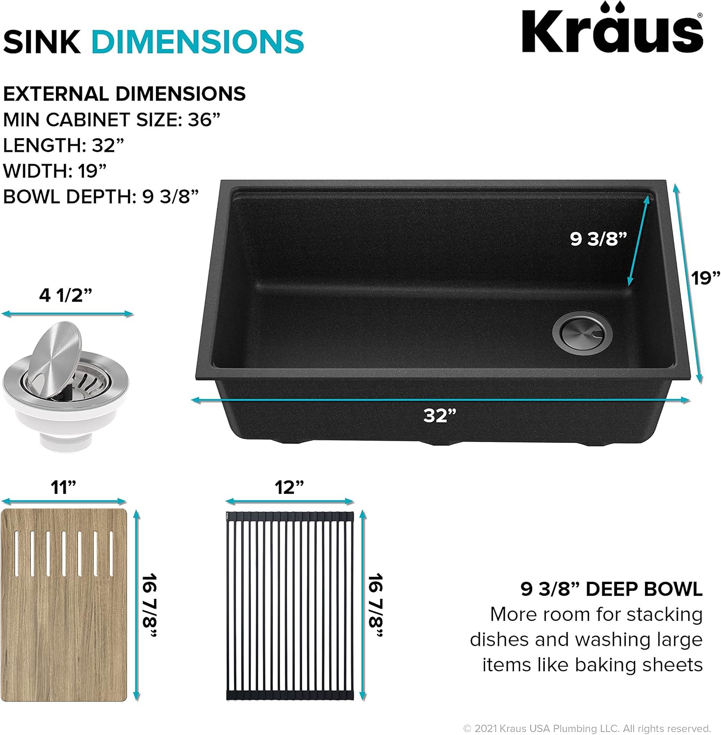 KRAUS Bellucci Workstation 32 in. Undermount Granite Composite Single Bowl Kitchen Sink in Metallic Black with Accessories with WasteGuard™ Continuous Feed Garbage Disposal, KGUW2-33MB-100-75MB