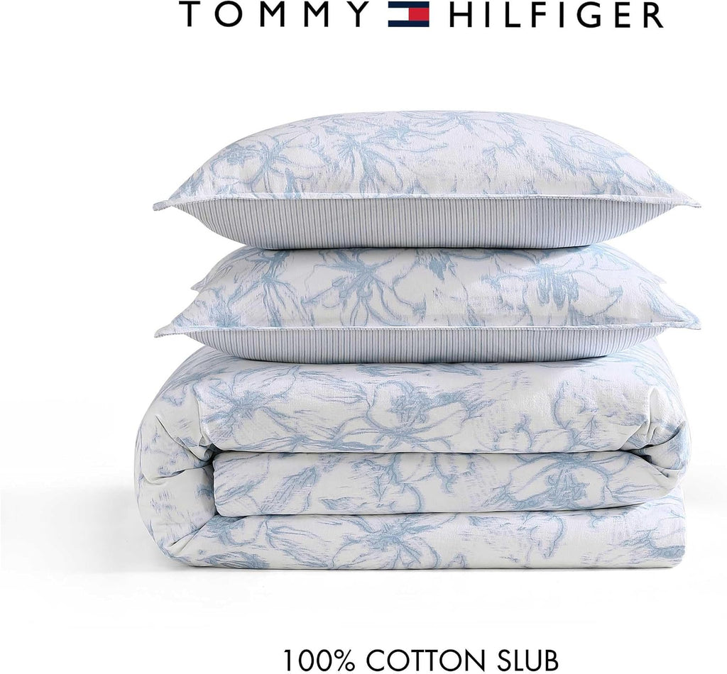 Tommy Hilfiger - Comforter Set, Luxuriously Soft Cotton Slub Bedding with Matching Sham, Abstract Inspired Design (Ethereal Floral Blue, Twin)
