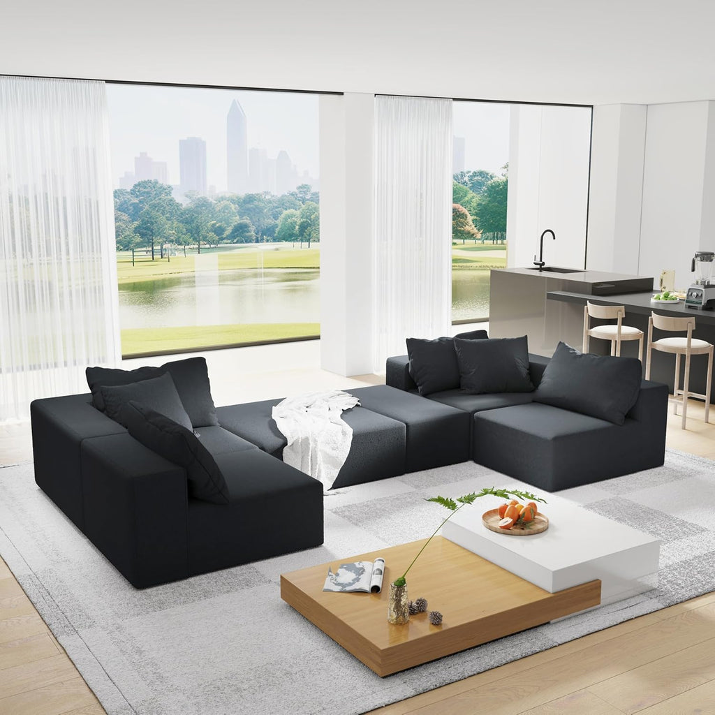 RuiSiSi Modern Upholstered Sectional Sofa Couch Set, 132' Modular L-Shaped Sectional Sofa Set with 6 Pillows, Free Combination Couch for Living Room, Bedroom, No Needed Assembly, Black