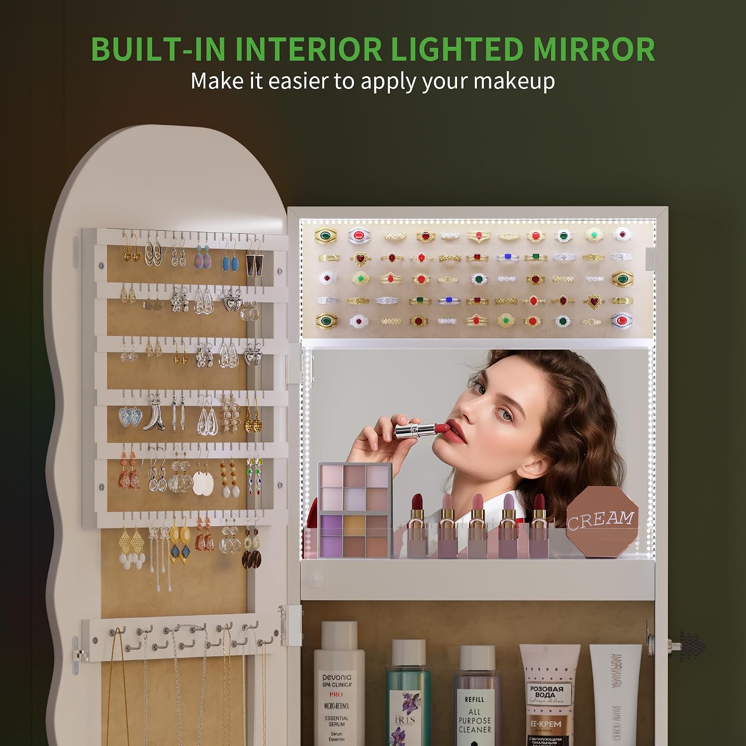 HNEBC LED Mirror Jewelry Cabinet with RGB Lights,42.5' Wall Mounted Jewelry Organizer with Full-Length Mirror,Over The Door Hanging Jewelry Armoire Storage Cabinet,Lockable,Wide Wavy Mirror