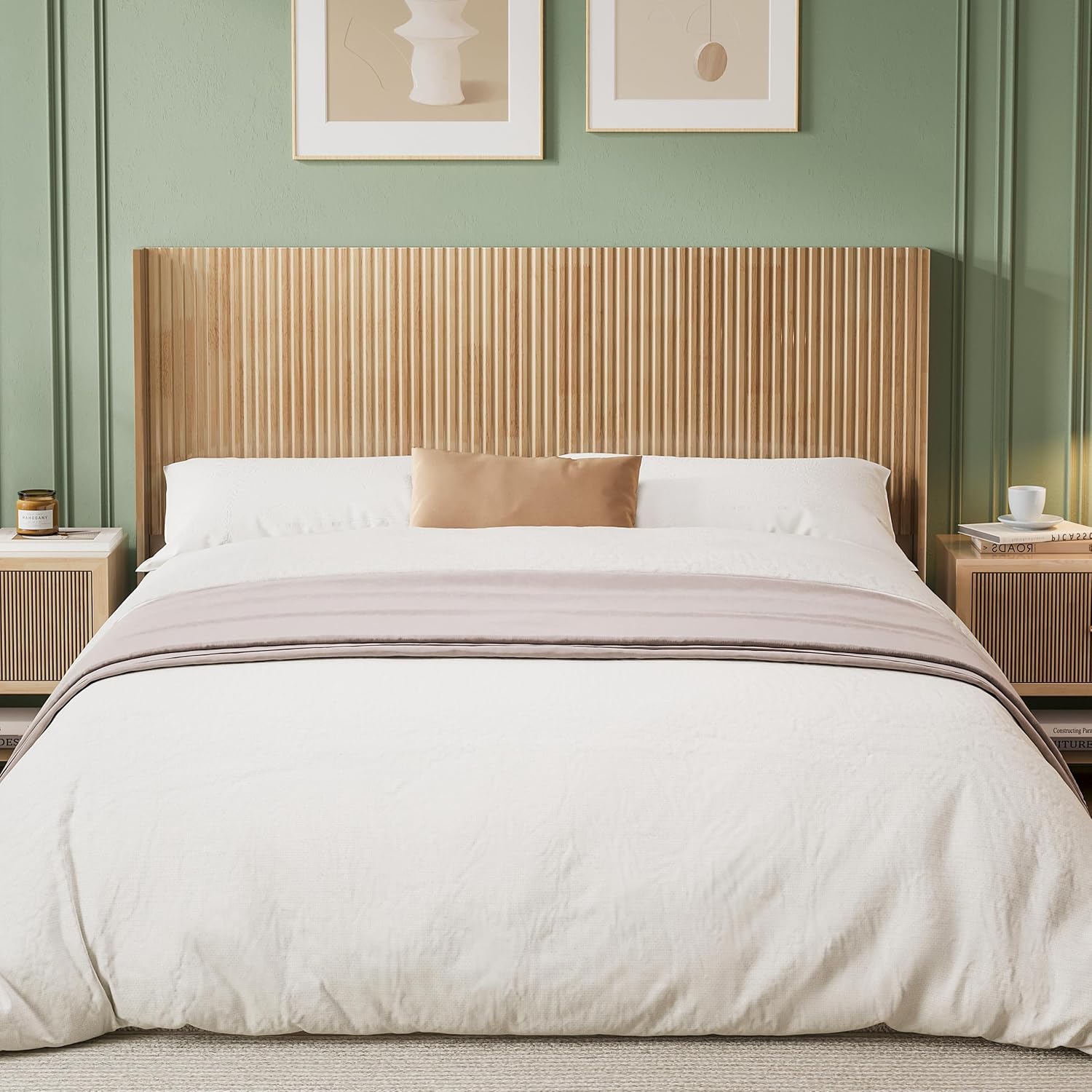 Huatean Home Wood Headboard Queen Size, 64.6' Wide Wooden Queen Headboard Only, Modern Farmhouse Headboards, Wall Mounted Fluted Panel, Wingback Boho Headboards, Natural