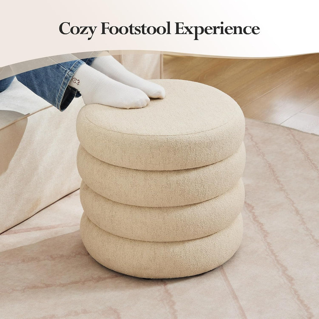 19.5 Inch Round Storage Ottoman, Modern Linen Ottoman Coffee Table with Removable Top, Beige Vanity Stool with Storage for Bedroom, Living Room, Dorm, Set of 1