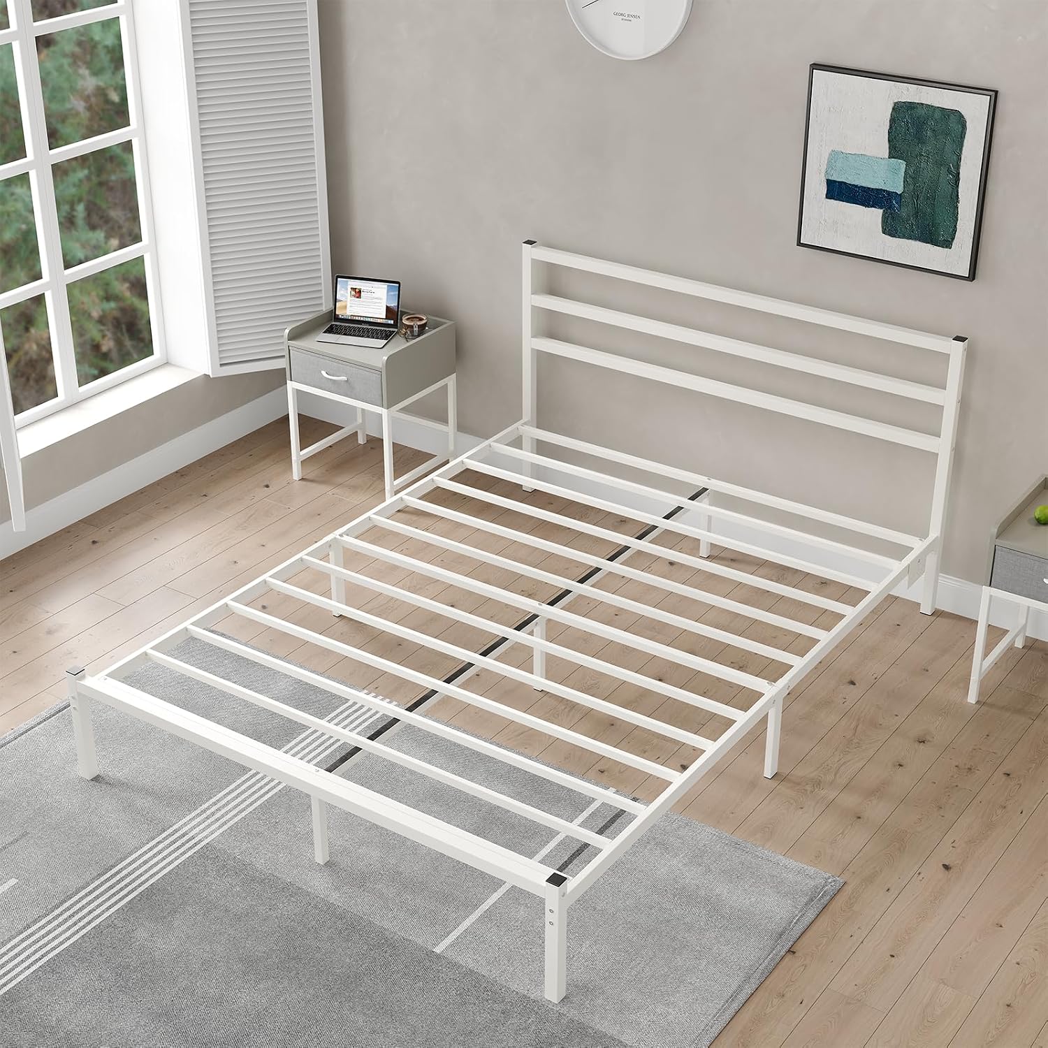 CollaredEagle Full Size Bed Frame with Headboard, Metal Platform Bed Frame with LED, Charging Station, No Box Spring Needed, Easy Assembly, Noise Free, White