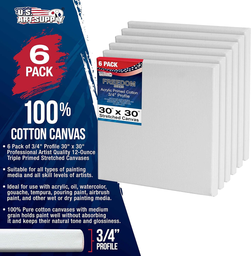 U.S. Art Supply 30 x 30 inch Stretched Canvas 12-Ounce Triple Primed, 6-Pack - Professional Artist Quality White Blank 3/4' Profile, 100% Cotton, Heavy-Weight Gesso - Acrylic Pouring, Oil Painting