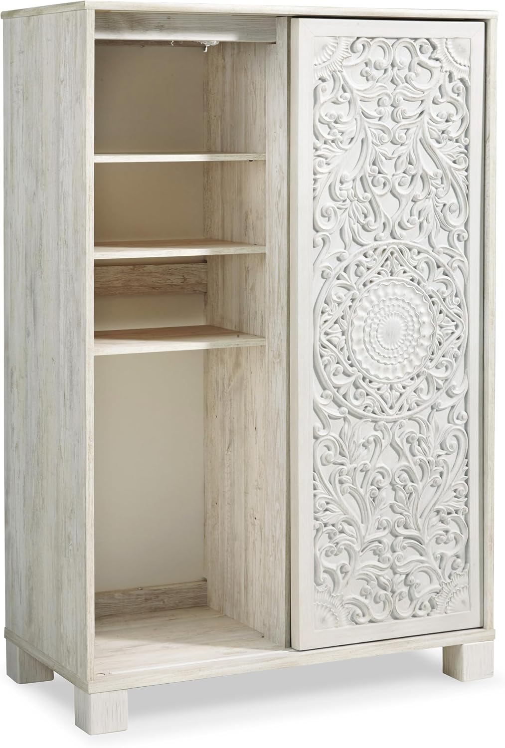 Signature Design by Ashley Paxberry Boho 5 Drawer Dressing Chest with Slider Door & 3 Adjustable Shelves, Whitewash