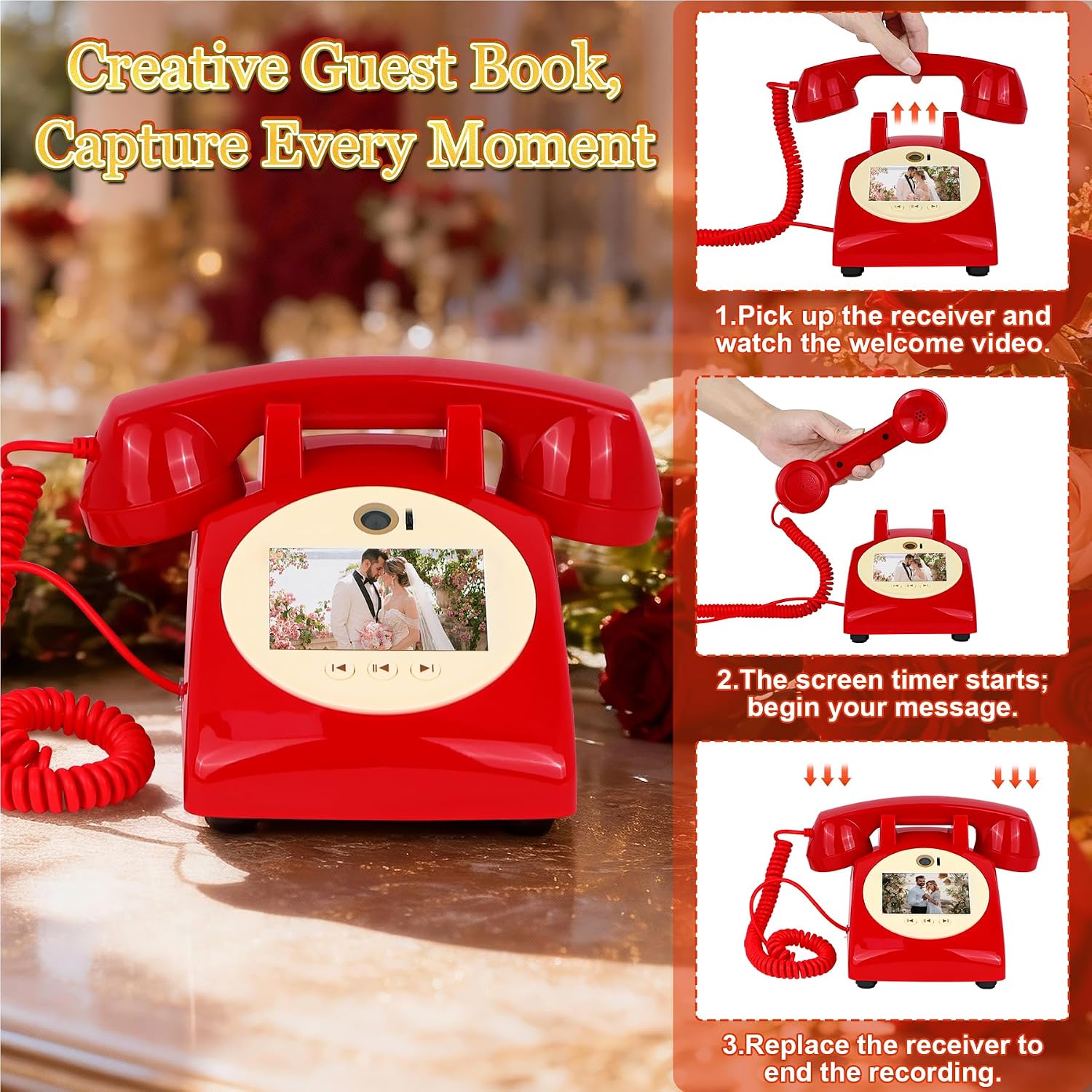 Video Audio Guest Book Wedding Phone, 1080P Video Guestbook Phone for Wedding, Bridal Shower, Birthday Party, Baby Shower, Anniversary Engagement (Bordeaux Red)
