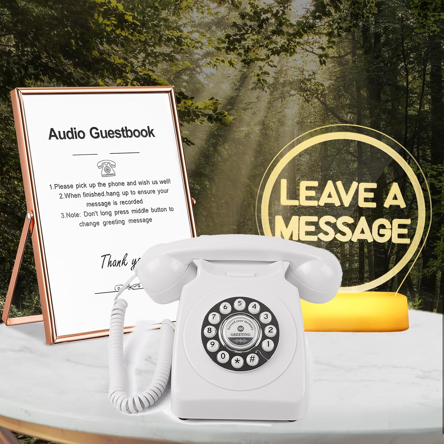 Audio GuestBook for Wedding Fashion with Free RGB LED Sign and Metal Photo Frame, Guest Book Telephone Record Customized Voice Message for Your Wedding Party (White)