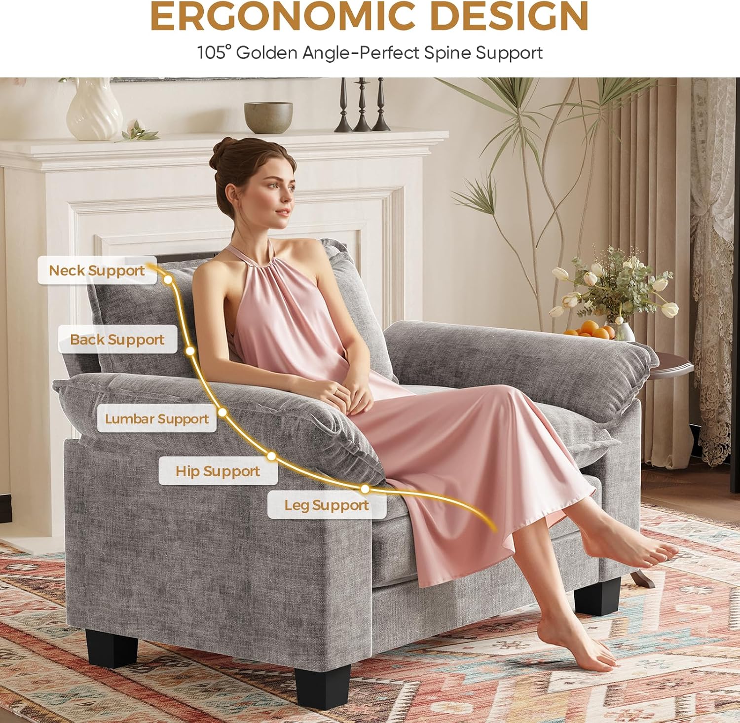 HUSFU Oversized Accent Chair, 49.5'' W Chenille Cloud Sofa Chair with Deep Seat and Extra Wide Armrests, Comfy Reading Armchair for Bedroom, Living Room, Gray