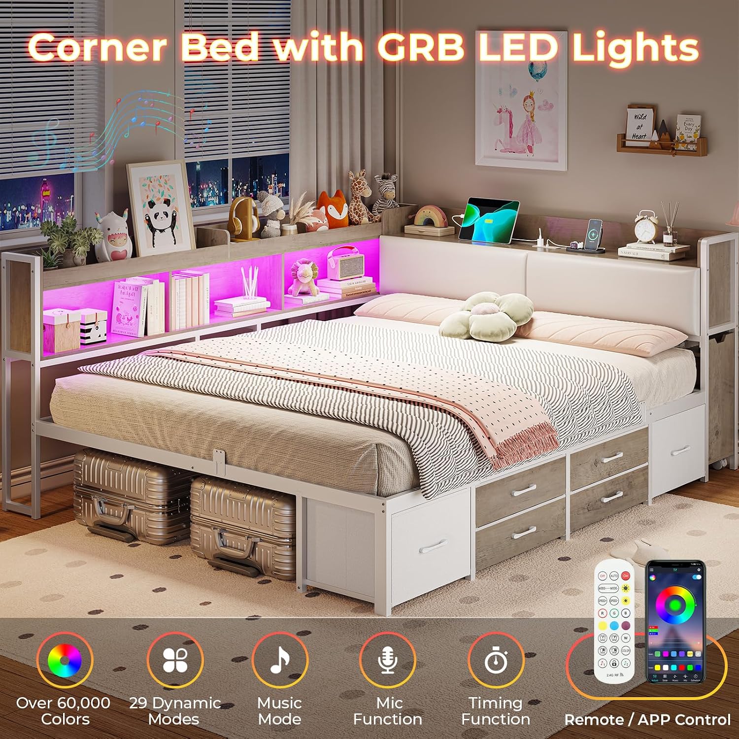 MSmask 14 Inch Corner Bed Frame with Pull-Out Cabinet, Bookcase & Headboad Storage, Full LED Daybed with 6 Drawers, Charging Station, Full Size Metal Platform Bed for Kids Teen, White & Oak Grey