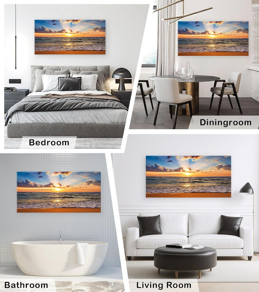 Muolunna BK1898 Wall Art Decor Large Canvas Print Picture Sunrise Ocean Beach 1 Panel Waves Scenery Painting Artwork for Office Wall Decor Home Decoration Stretched and Framed Ready to Hang