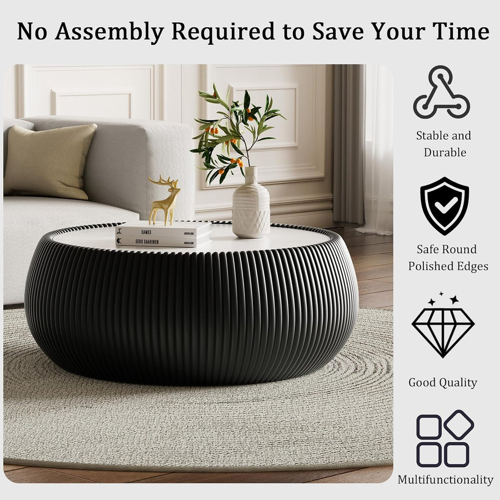 Black Round Coffee Table, 27.55' Drum Coffee Table with Sintered Stone Tabletop and Fluted PU Leather Covered and Stable Base, Circle Cocktail Tea Table for Living Room