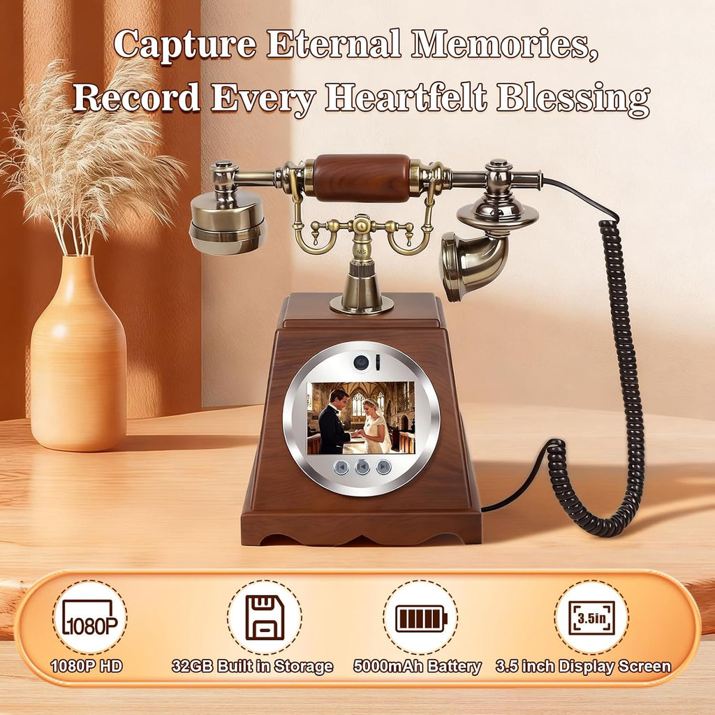 Video Audio Guest Book Wedding Phone, 3.5' 1080P Video Guestbook Phone for Wedding, Bridal Shower, Birthday Party, Baby Shower, Anniversary Engagement (Wood-Toned Brown)