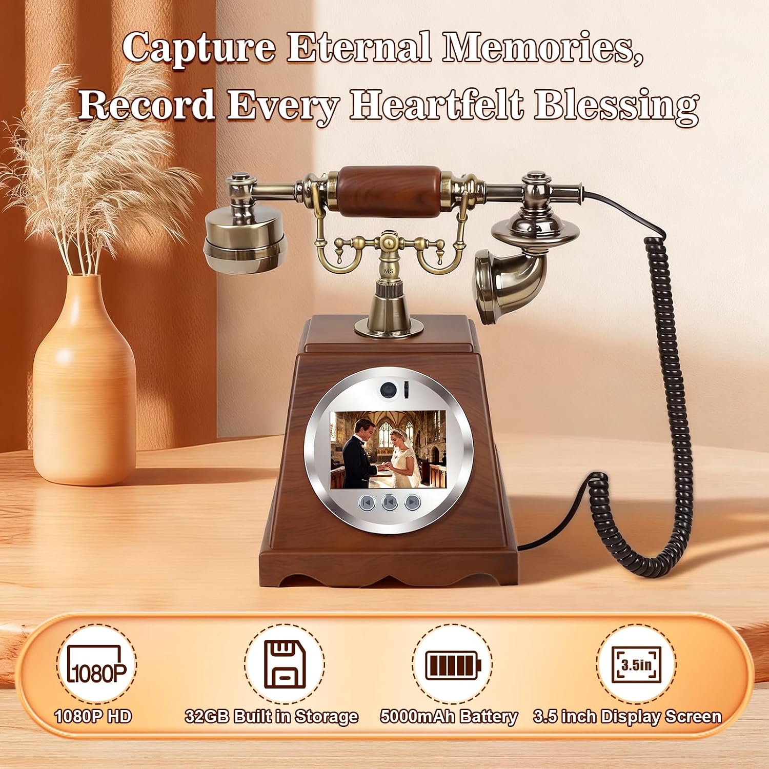 Video Audio Guest Book Wedding Phone, 3.5' 1080P Video Guestbook Phone for Wedding, Bridal Shower, Birthday Party, Baby Shower, Anniversary Engagement (Wood-Toned Brown)