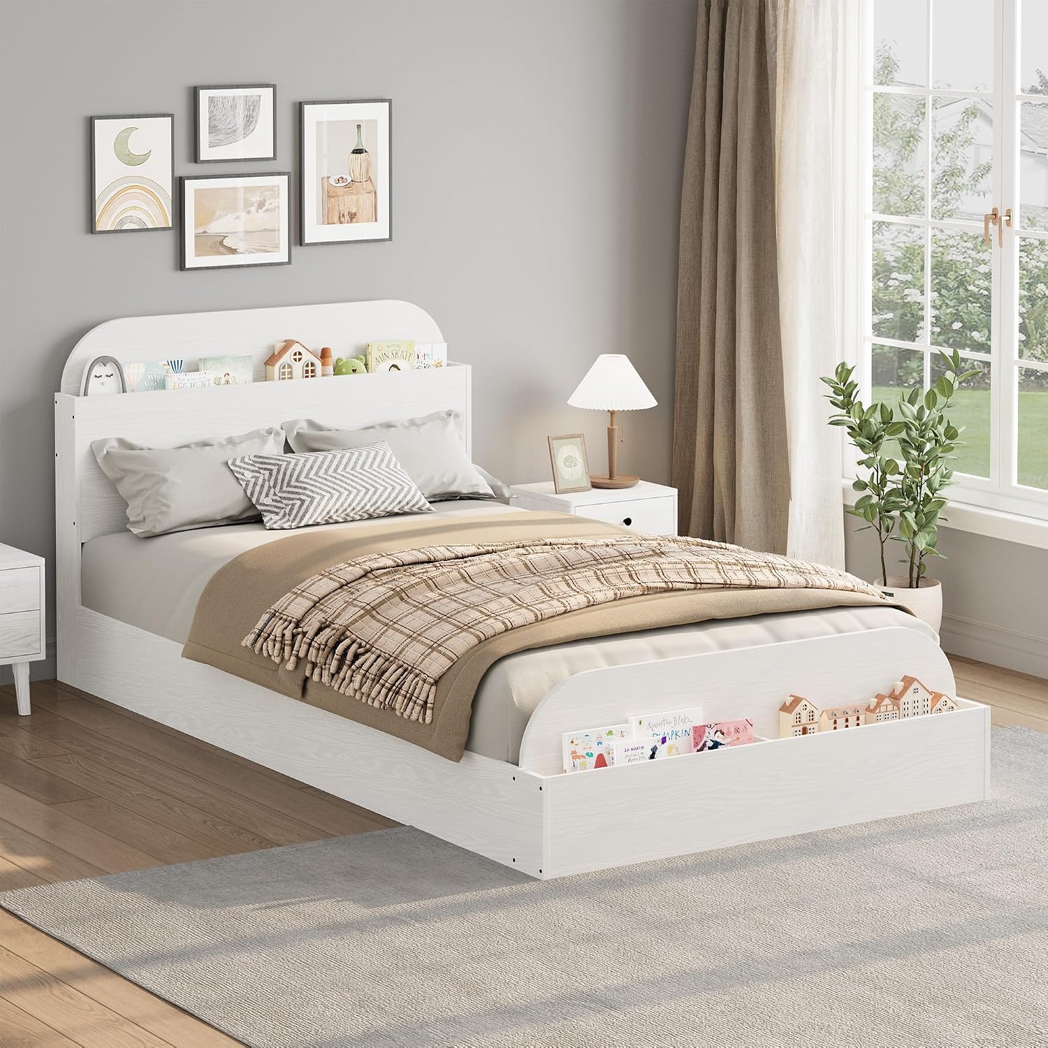 GarveeHome Twin Size Bed Frame, Wooden Beds with Storage Headboard and Raised-Foodboard for Kid, Twin-Floor Low Platform Bed for Bedroom, Sturdy Wooden Slats Support, No Box Spring Needed, White