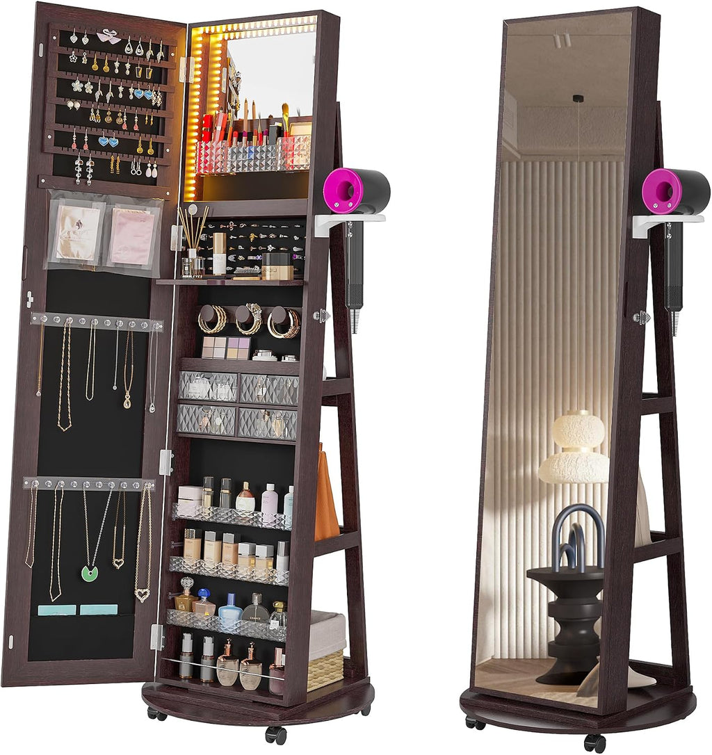 HNEBC 360° Swivel Jewelry Armoire with Mirror, LED Mirror Jewelry Cabinet Standing, Full Length Mirror with Jewelry Storage, Standing Jewelry Organizer/Lockable Wheels/Foldable Makeup Shelf(Brown)