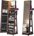 HNEBC 360° Swivel Jewelry Armoire with Mirror, LED Mirror Jewelry Cabinet Standing, Full Length Mirror with Jewelry Storage, Standing Jewelry Organizer/Lockable Wheels/Foldable Makeup Shelf(Brown)
