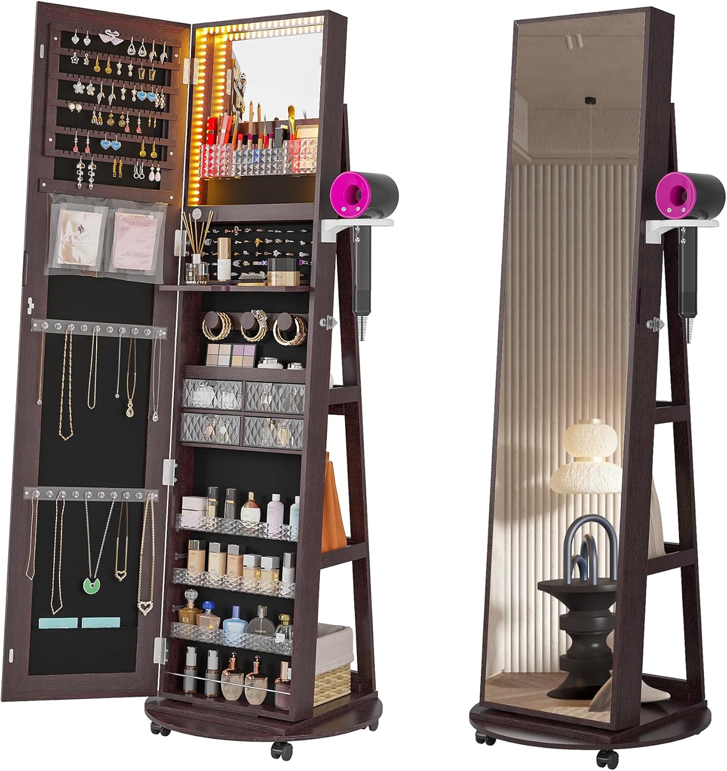HNEBC 360° Swivel Jewelry Armoire with Mirror, LED Mirror Jewelry Cabinet Standing, Full Length Mirror with Jewelry Storage, Standing Jewelry Organizer/Lockable Wheels/Foldable Makeup Shelf (Brown)