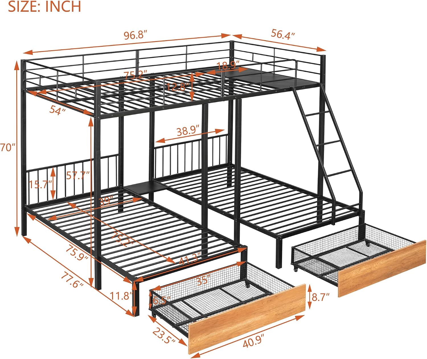 Full Over Twin & Twin Bunk Bed, Heavy Duty Metal Triple Bunk Bed with Drawers and Guardrails, Can be Divided into 3 Separate Beds, Triple Bunk Bed Frame for Kids Teens Aldults (Black + Metal)