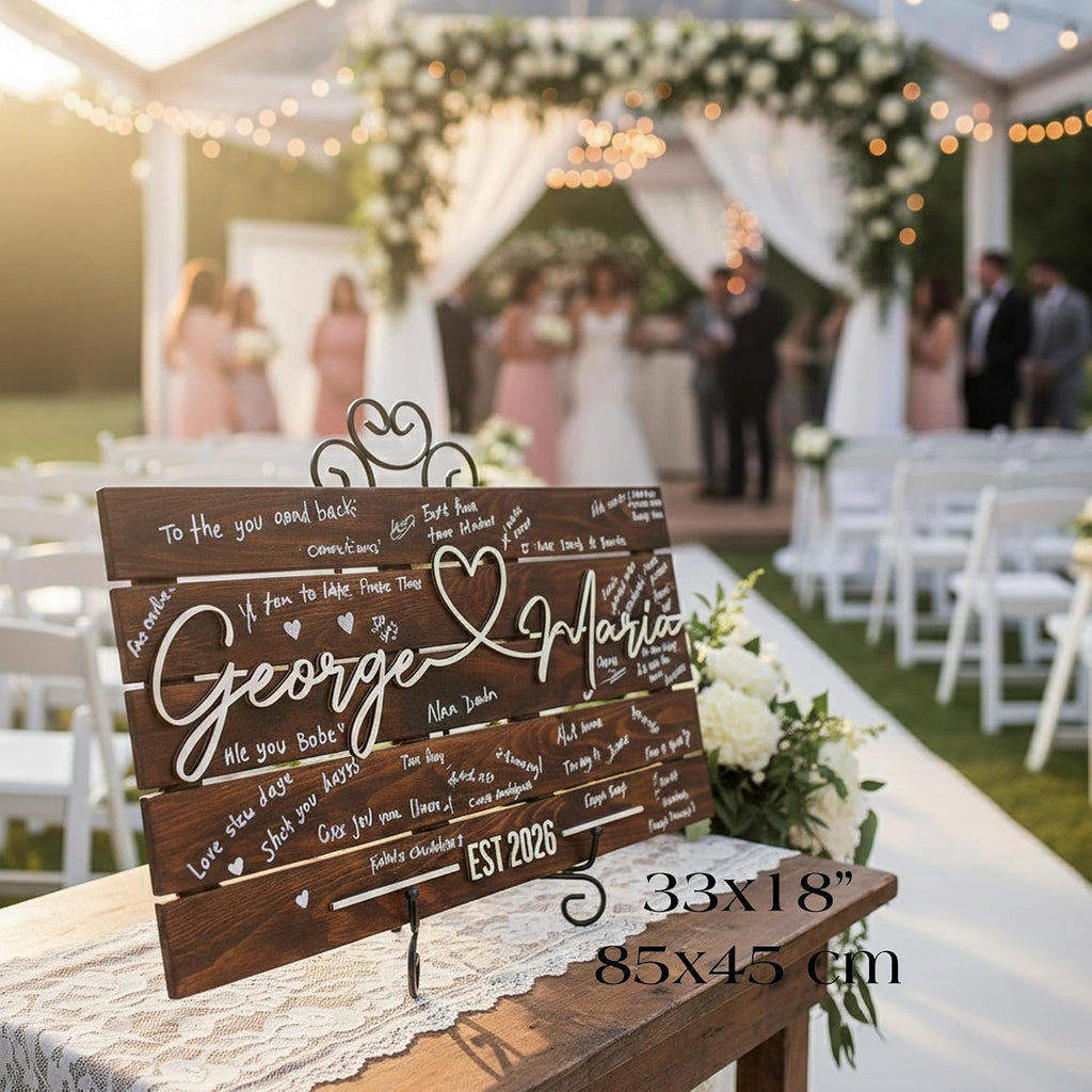 Personalized Unique Wedding Guest Book Alternative, Custom Pallet Wedding Guestbook Sign, Wooden 3D Last Name Plaque for Reception Decor, Rustic Meaningful Guestbook Idea for Signatures & Well Wishes (XL - 33.5x17.5')