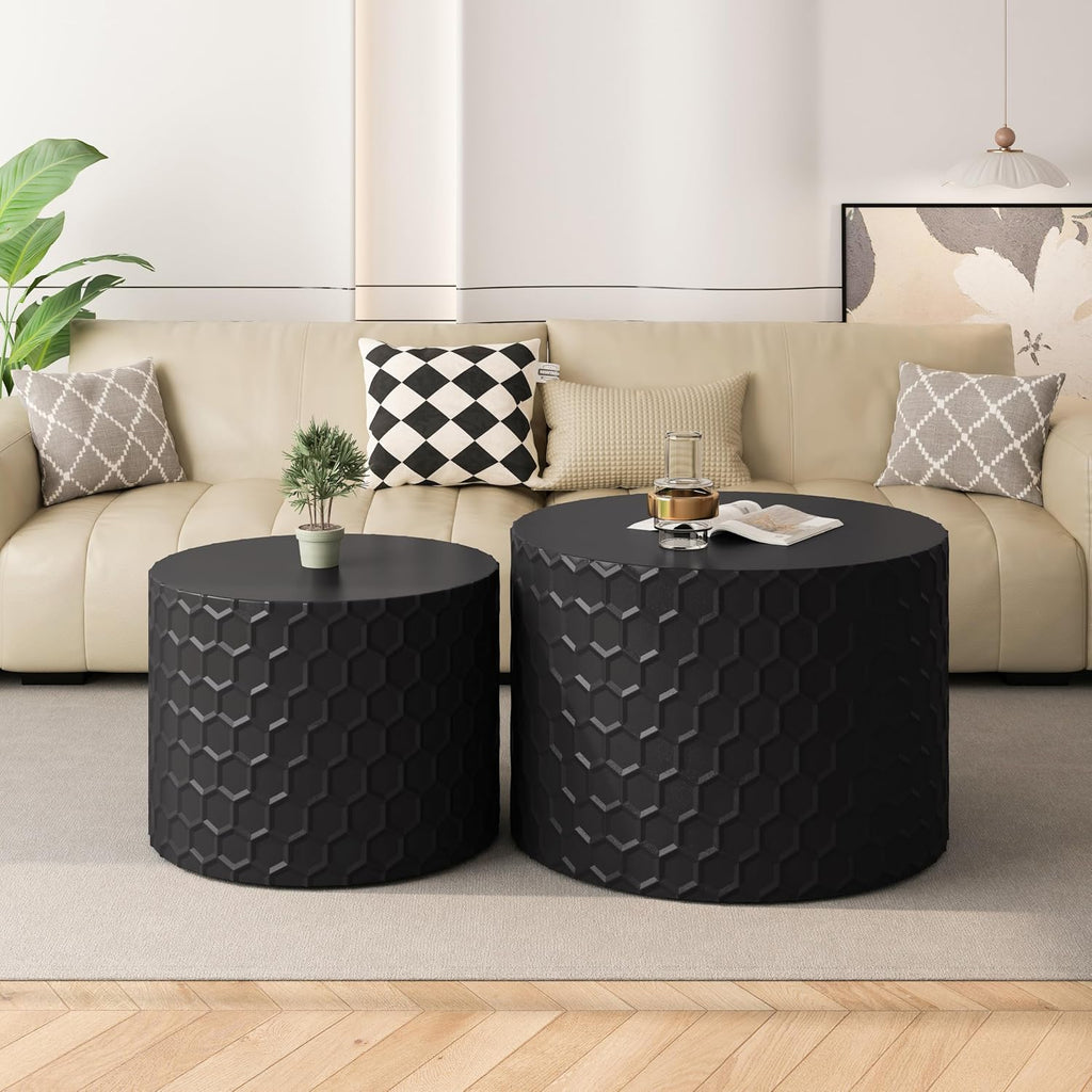 Round Nesting Coffee Table Set of 2, Modern Circular Side Table Set with Honeycomb Design, 2 Piece Nesting End Table Accent Tables Coffee Table for Living Room Bedroom Apartment - Black