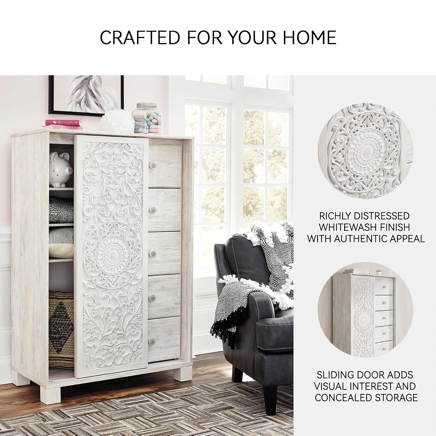 Signature Design by Ashley Paxberry Boho 5 Drawer Dressing Chest with Slider Door & 3 Adjustable Shelves, Whitewash