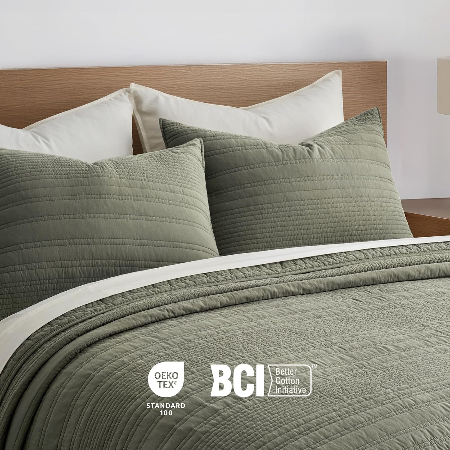 EVERGRACEHOME 100% Cotton Modern Lines Quilt Set Oversized King, Pre-Washed Soft Striped Coverlet Bedspread, 3 Piece Lightweight Bedding Set for All Season, with 2 Pillow Shams, Olive Green