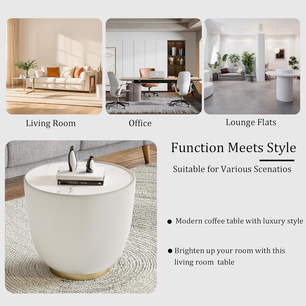 Round Coffee Table Set, 27.56' White Drum Center Table and 19.69' White Coffee Table Set, 2 Pieces Living Room Table Set with Sintered Stone Tabletop, Fluted PU Leather Covered and Metal Base