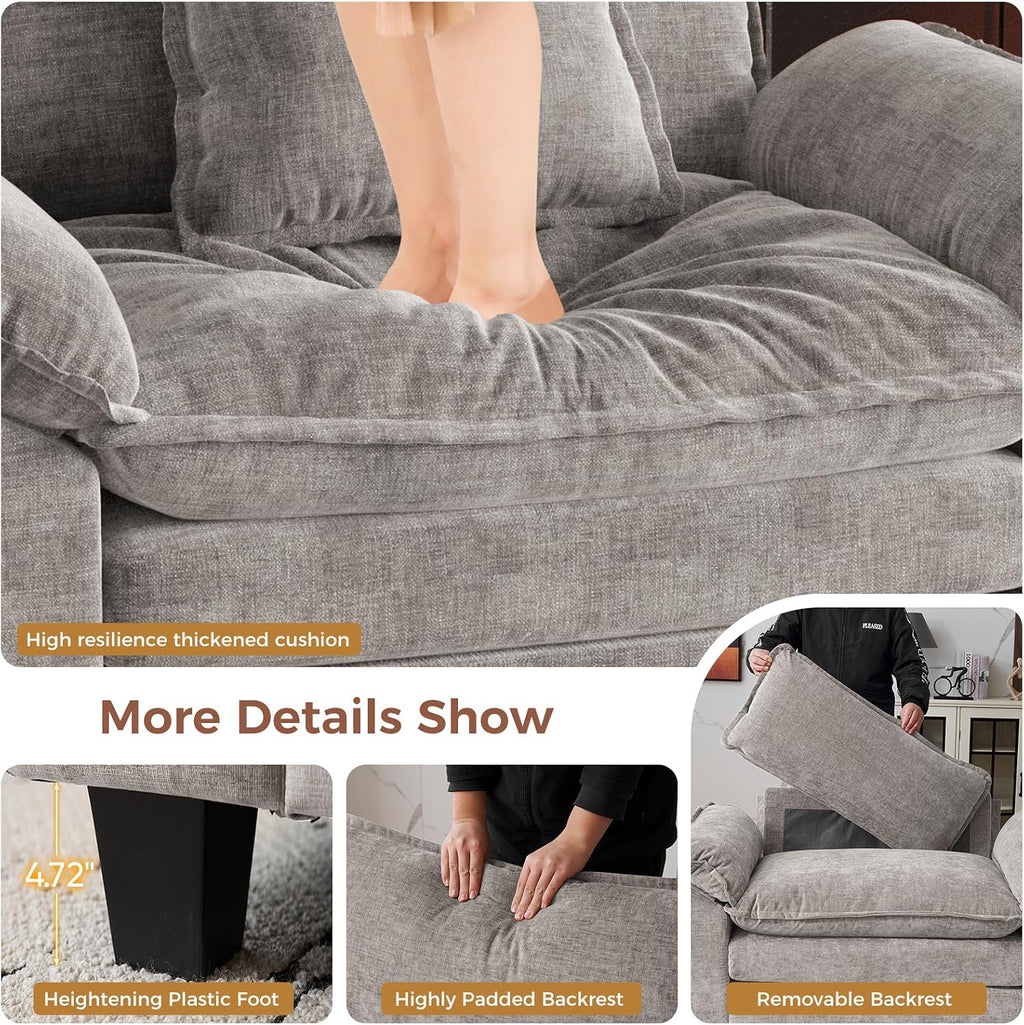 HUSFU 49.5'' Oversized Accent Chair with Ottoman, Chenille Cloud Couch Chair with Deep Seat and Extra Wide Armrests, Comfy Reading Armchair for Bedroom, Living Room, Set of 2, Gray