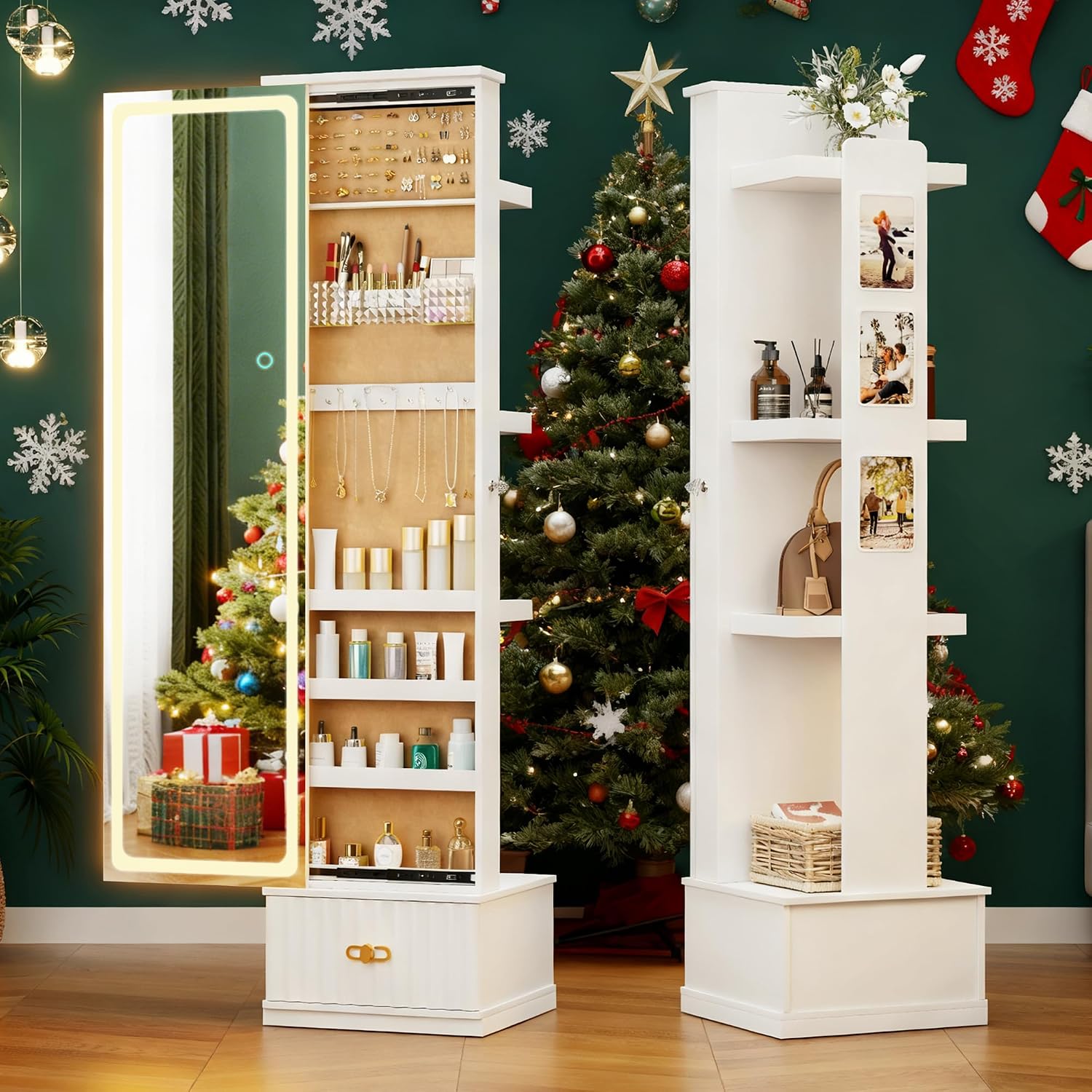 HNEBC LED Jewelry Cabinet Standing, Full Length Mirror with Storage/3 Color Adjustable LIghts, Jewelry Armoire has 3 Photo Frames/4 Shelfs/1 Drawer,Space-Saving Organizer,Gifts for Women